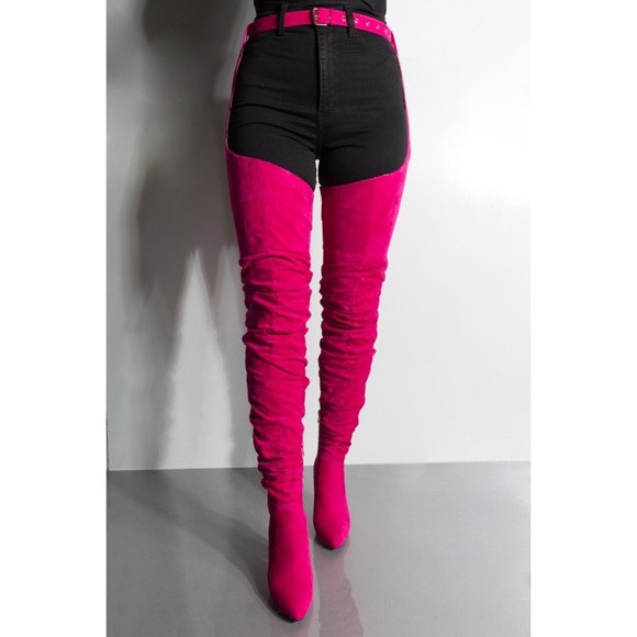Fuchsia Suede Thigh High Chap Boots ✨ - Picture 4 of 13
